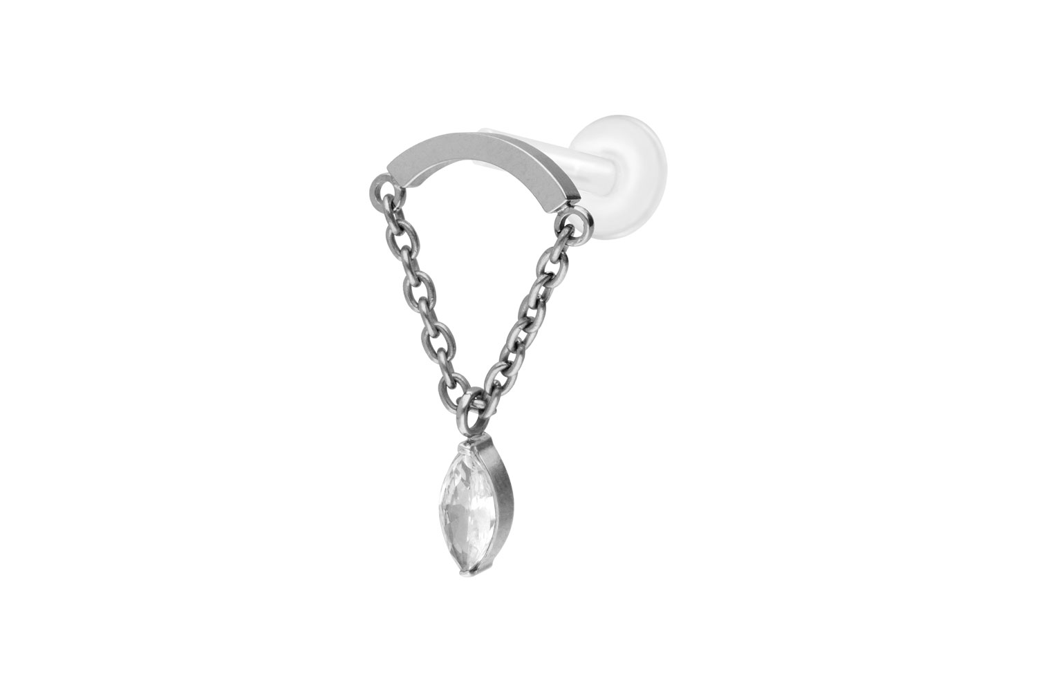 PTFE Labret Piercing mit Innengewinde + Titan-Aufsatz BOGEN + KETTE + KRISTALLTROPFEN